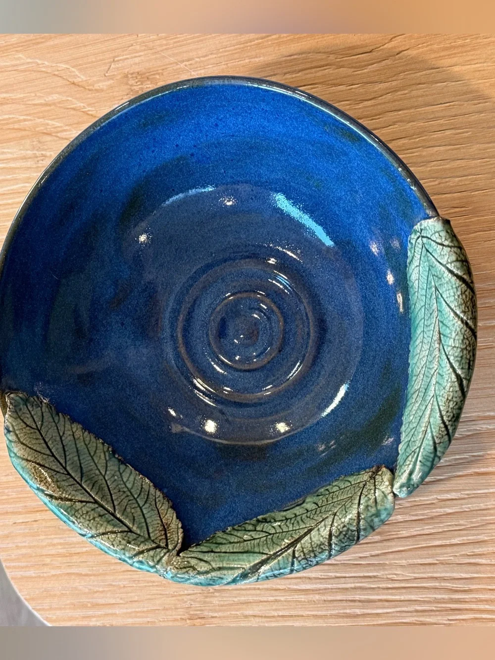 Studio Pottery Bowl Blue Green Leaf Detail Cottagecore Rustic Coastal Handmade